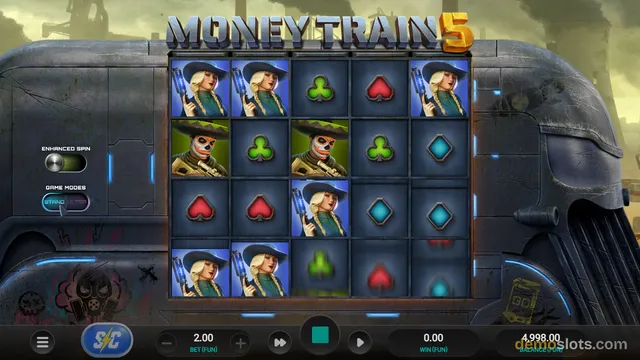 A 5x4 slot grid titled MONEY TRAIN 5 shows reels with character symbols and card suits on a dark metallic train-car background.