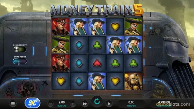 Money Train 5 slot game shows a 5x4 grid of symbols set within a dark metallic train frame, with a title logo at the top and betting controls at the bottom.