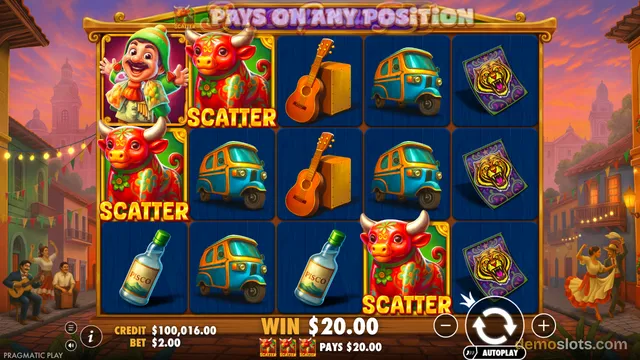 A 5x3 grid slot game interface showing a win of $20.00 with three scatter symbols highlighted on the reels.