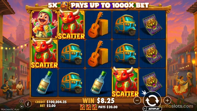A slot game screen displays a 5x3 grid of symbols with a festive Latin American street scene background and a win message at the bottom.