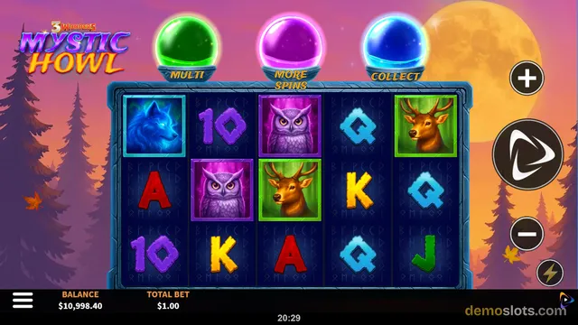 Mystic Howl slot game showing a 5x3 grid with animal symbols and a sunset forest background