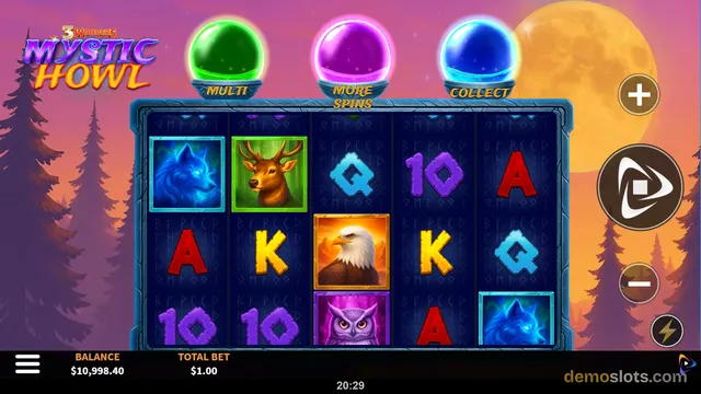 A slot game titled Mystic Howl shows a 5x3 grid of symbols with a balance of $10,998.40 and a total bet of $1.00.