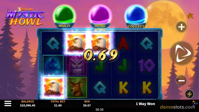 A 5x3 slot game titled Mystic Howl shows a winning line of eagle symbols with a 0.69 win amount, set against a sunset forest background with three glowing orbs above the reels.