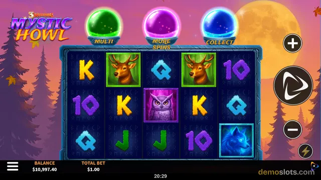 A settled 5x3 slot grid titled Mystic Howl shows a mix of animal symbols and letter/number symbols, with three colored orbs above the reels labeled MULTI, MORE SPINS, and COLLECT.