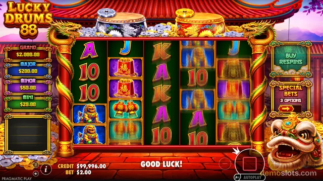 A settled 5-reel slot game titled Lucky Drums 88 with a Chinese temple theme, showing a reel grid with symbols and jackpot values on the left.
