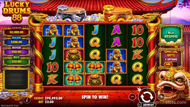 A slot game titled Lucky Drums 88 shows a 5x4 reel grid with Chinese-themed symbols including golden lions, drums, and card letters, with jackpot values displayed on the left and buy respins and special bets options on the right.