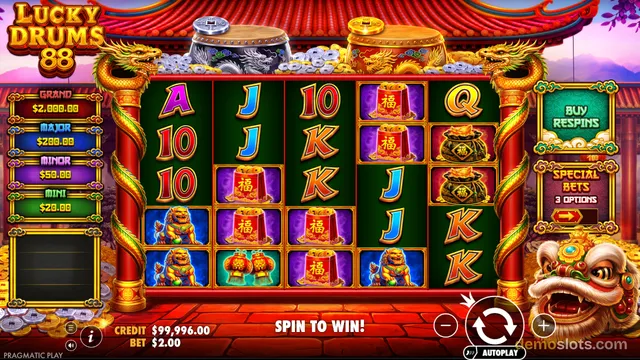 A settled slot game grid showing Chinese-themed symbols with jackpot values on the left and buy respin options on the right.