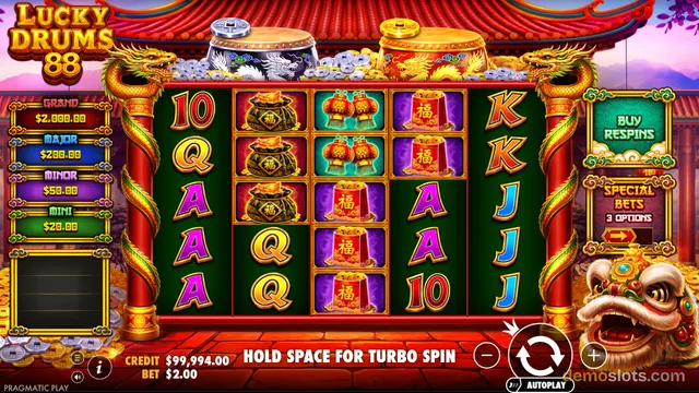 A settled base game frame of the slot game Lucky Drums 88, showing a 5x4 reel grid with various symbols and a full set of game controls.
