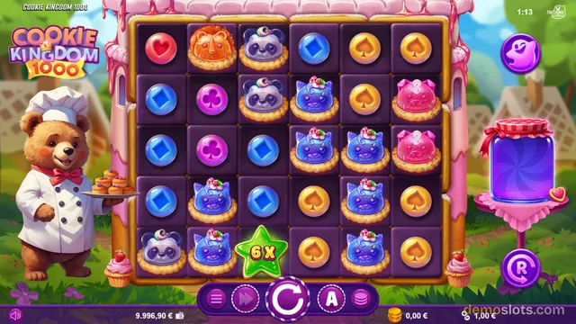 A 5x5 grid slot game titled Cookie Kingdom 1000 displays a colorful arrangement of animal symbols and playing card suits on a pink background.