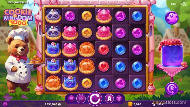 A fully rendered screenshot of the Cookie Kingdom 1000 slot game showing a 5x5 grid of candy and card-themed symbols with a bear chef mascot on the left.