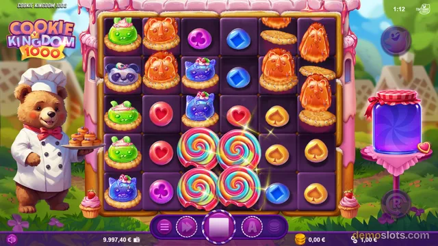 A bright, fully rendered 6x5 slot game grid featuring a bear mascot in a chef's outfit and colorful candy-themed symbols.