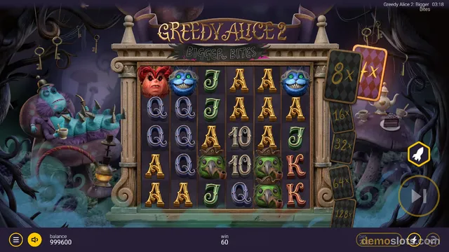 A 5x4 slot game grid titled Greedy Alice 2: Bigger Bites is shown with a win of 60, featuring symbols like red creatures, blue cats, and lettered icons.
