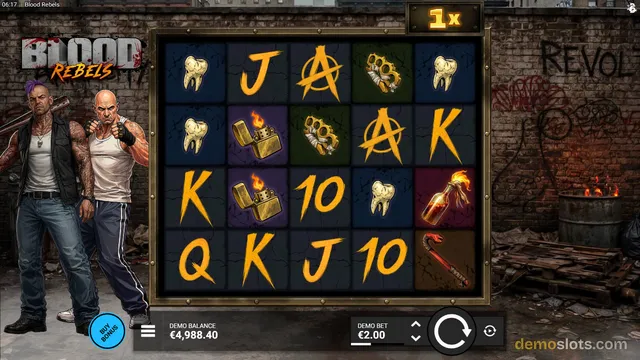 Blood Rebels slot game showing a 5x4 grid of symbols with two punk characters standing on the left, a brick wall background, and a demo balance of €4,988.40 with a €2.00 bet.