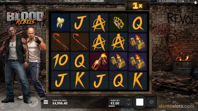 A 5x4 slot grid titled Blood Rebels shows symbols like a tooth, anarchy A, brass knuckles, and lit lighters, with two punk characters standing left of the reels and a demo balance of €4,996.40 at the bottom.