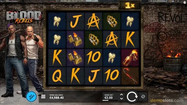 Blood Rebels slot game showing a 5x4 grid of symbols with two characters on the left and a brick wall background, with a demo balance of €4,988.40 and bet of €2.00