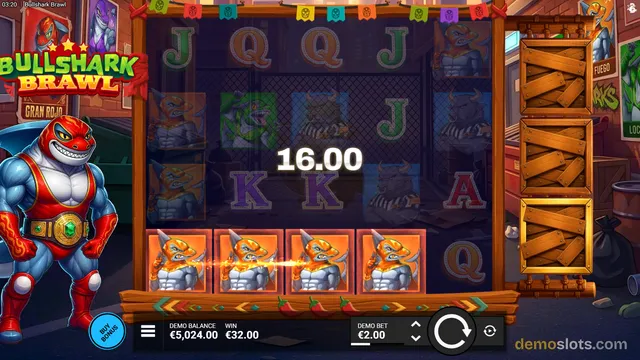 Bullshark Brawl slot game showing a win of 16.00 on a 5x4 grid with a wrestler shark mascot on the left and a wooden crate column on the right.