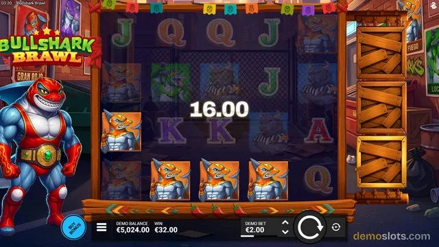 A slot game titled Bullshark Brawl shows a 5x4 reel grid with a 16.00 win displayed in the center, a muscular shark mascot on the left, and a demo balance of €5,024.00.