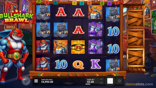 A 5-reel slot game titled Bullshark Brawl shows a wrestler shark mascot on the left, a grid of symbols including sharks and letters, and a demo balance of €4,994.00.