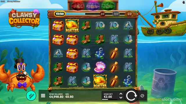 A screenshot of the Clawsy Collector slot game showing a 5x5 grid of symbols on an underwater-themed background with a cartoon crab mascot on the left.