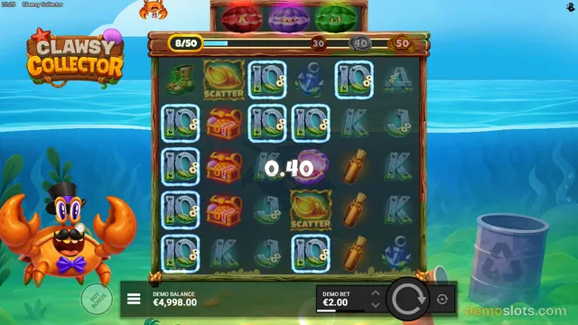 A screenshot of the Clawsy Collector slot game showing an underwater-themed 5x5 grid with a crab mascot and a win amount of 0.40 displayed over the reels.