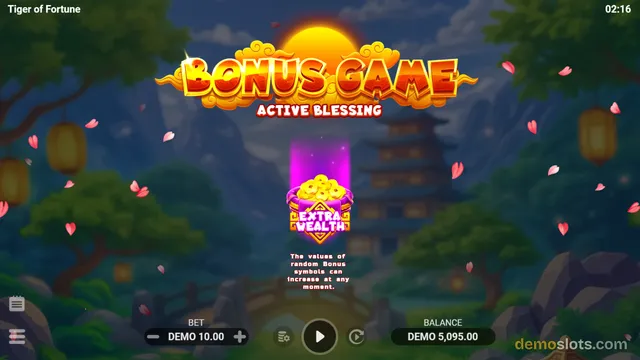 A slot game screen titled 'Tiger of Fortune' displays a 'BONUS GAME - ACTIVE BLESSING' overlay with an 'EXTRA WEALTH' icon and explanatory text against a background of a pagoda and trees.