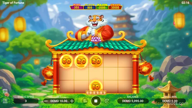 A screenshot of the slot game 'Tiger of Fortune' showing a Chinese-themed interface with a tiger mascot and a 5x3 grid of gold coin symbols.