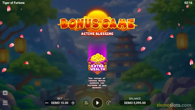 A slot game screen titled 'Tiger of Fortune' displaying a 'BONUS GAME' overlay with the subtitle 'ACTIVE BLESSING' and a central 'EXTRA WEALTH' bag symbol.