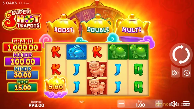 A 5x3 slot game grid displays a mix of playing card symbols, blue rabbits, green turtles, and pink guardian lions against a bright red and orange background.