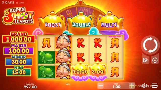 A slot machine interface titled 'Super 3 Hot Teapots' displays a 5x3 grid of symbols including teapots, turtles, and playing cards on a red background.