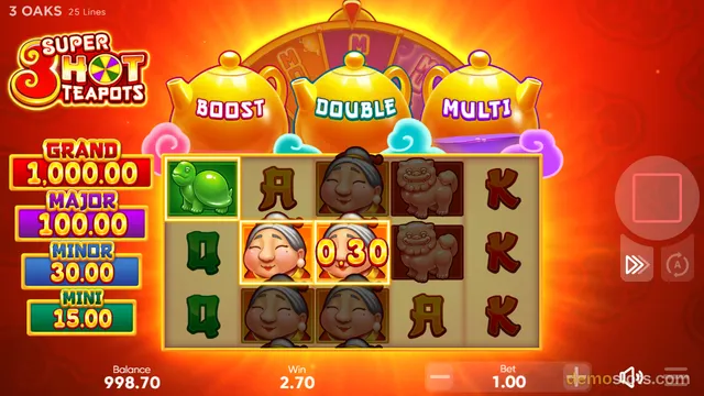 A slot game screen showing a 5x3 grid with Asian-themed symbols, a win of 0.30 displayed, and a fiery red and orange background.