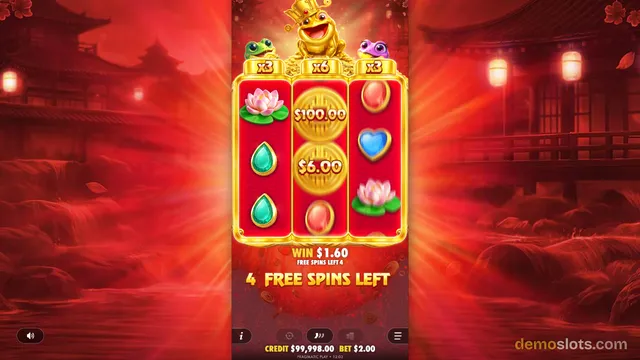 A 3x3 slot game with a red theme shows a free spins round in progress, featuring a golden frog multiplier at the top and symbols like lotus flowers and coins.