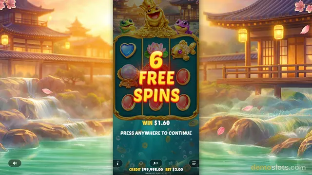 A slot game shows a 6 FREE SPINS overlay on a 5x3 reel grid with a win of $1.60 and a prompt to press anywhere to continue.