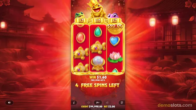 A red-themed slot game shows a 3x3 reel grid with golden symbols and a jackpot value of 50.00, with text indicating 4 free spins left and a win of $1.60.