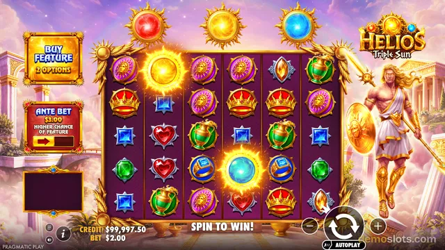 A fully rendered Greek-themed slot game titled Helios Triple Sun showing a 5-reel grid with various symbols and a male deity figure on the right.