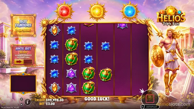 A fully rendered grid of a Greek-themed slot game displaying blue and purple gems, golden urns, and orange crystals on a purple background.