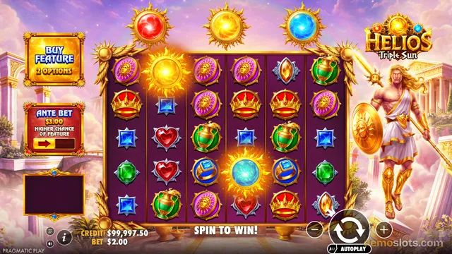 A screenshot of the 'Helios Triple Sun' slot game by Pragmatic Play showing a 5-reel, 4-row grid with various symbols and a Greek-themed background.