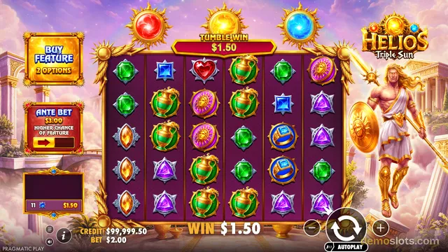 A slot game screen titled 'Helios Triple Sun' shows a 6x5 grid of symbols including green gems, blue gems, purple gems, gold amphorae, and sun icons, with a win of $1.50 displayed at the bottom.