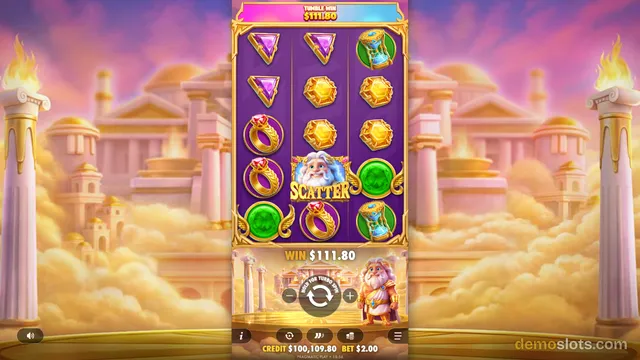 A 5x3 slot game grid displaying symbols including purple triangles, gold coins, rings, and an old man character labeled SCATTER, with a win of $111.80 shown at the top and bottom.