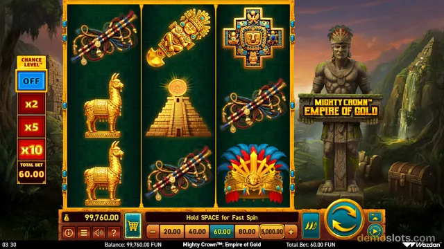 A slot game grid with three reels showing golden Inca-themed symbols against a dark green background, flanked by a statue of a tribal figure holding a sign that reads MIGHTY CROWN EMPIRE OF GOLD.