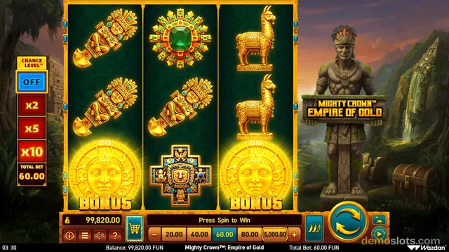 A 3x3 slot game titled Mighty Crown: Empire of Gold shows golden Inca-themed symbols on a dark green background with a stone statue and jungle scenery on the right.