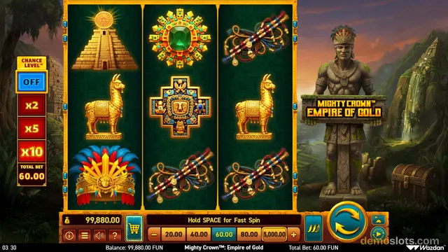 A 3x3 slot grid with golden Incan-themed symbols on a dark green background, with a stone statue on the right and game controls at the bottom.
