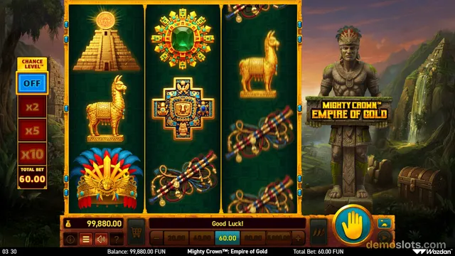 A slot game titled Mighty Crown: Empire of Gold shows a 3x3 grid with golden symbols including a pyramid, llama, and mask, with a golden statue on the right side.