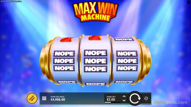 A 3x3 slot machine with a blue background shows nine NOPE symbols on its reels, with a Max Win Machine logo above and game controls below.