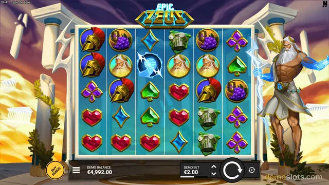 A fully rendered 5x5 grid slot game titled Epic Zeus featuring Greek mythology symbols and a statue of Zeus.