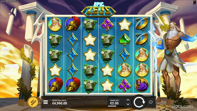 A slot machine screen displaying a 5x5 grid of Greek-themed symbols with a large figure of Zeus on the right side.