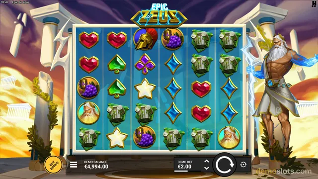 A 6-reel, 5-row grid of Greek mythology-themed slot symbols is displayed in the center, flanked by a standing statue of Zeus on the right and white Greek columns on the left.