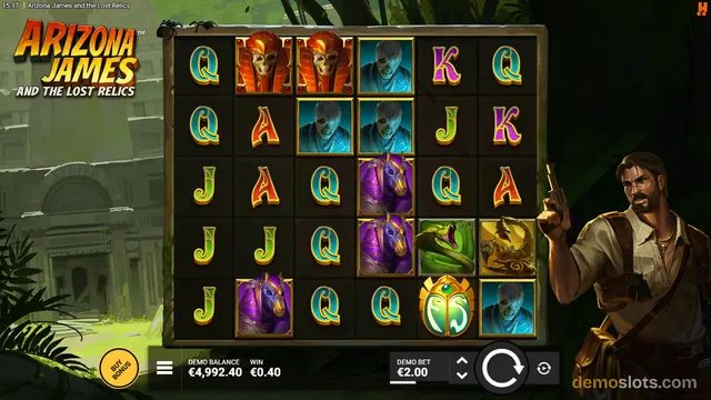 A 5x5 slot grid shows jungle-themed symbols with a character holding a pistol on the right side, under the title Arizona James and the Lost Relics.