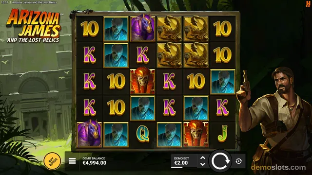 A 5x5 slot game grid titled Arizona James and the Lost Relics shows a mix of gold letters and relic symbols, with a jungle explorer character on the right and game controls at the bottom.