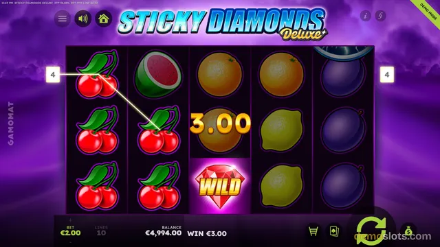A 5x3 slot game grid shows a winning line of three cherry symbols with a bright line connecting them, and a 3.00 win amount displayed over the reels.