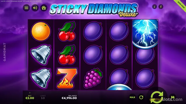 A 5x3 slot grid filled with fruit symbols including oranges, cherries, plums, grapes, bells, a flaming seven, and lightning bolts, set against a purple background with the title STICKY DIAMONDS Deluxe.